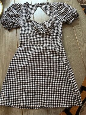 Reformation Black & White Gingham Puff-Sleeve Mini Dress